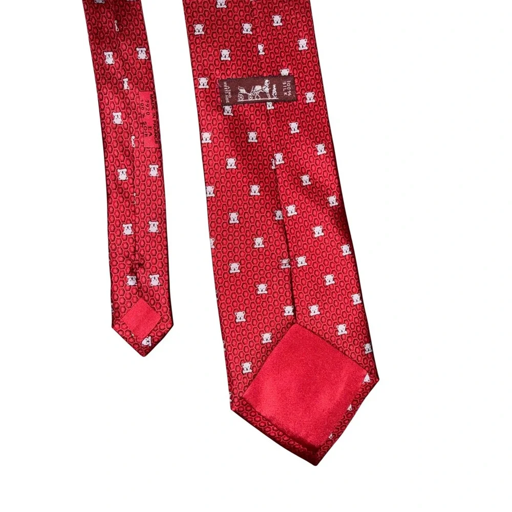 Hermes Paris Mens Red Silk Koala Honeycomb Geometric VINTAGE Made in France